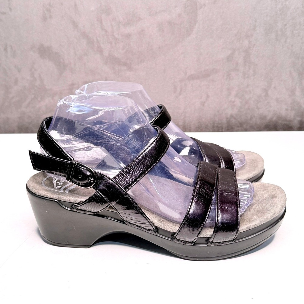 Dansko Black Leather Wedge Sandals